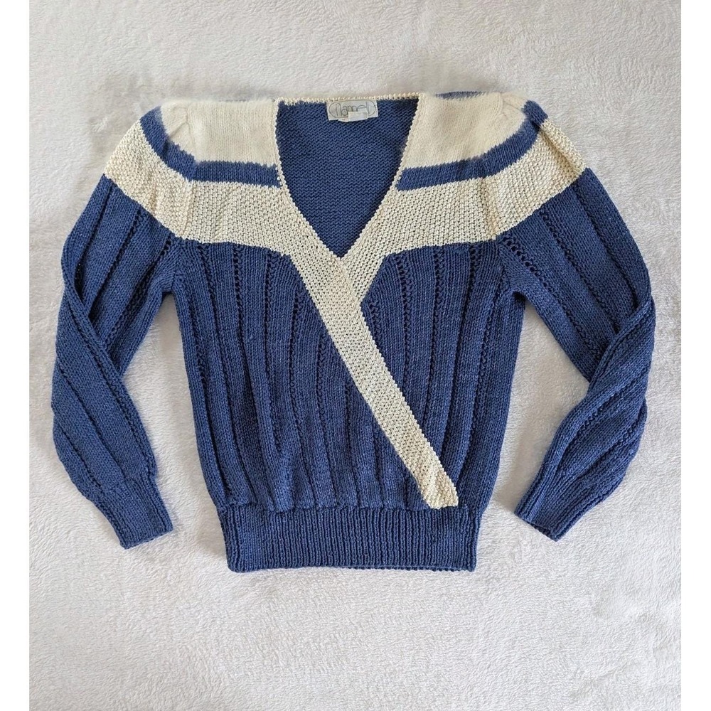 Vtg 80s Nannell Sweater Blue White Hand Knit Angora Blend V-Neck Sz M Textured